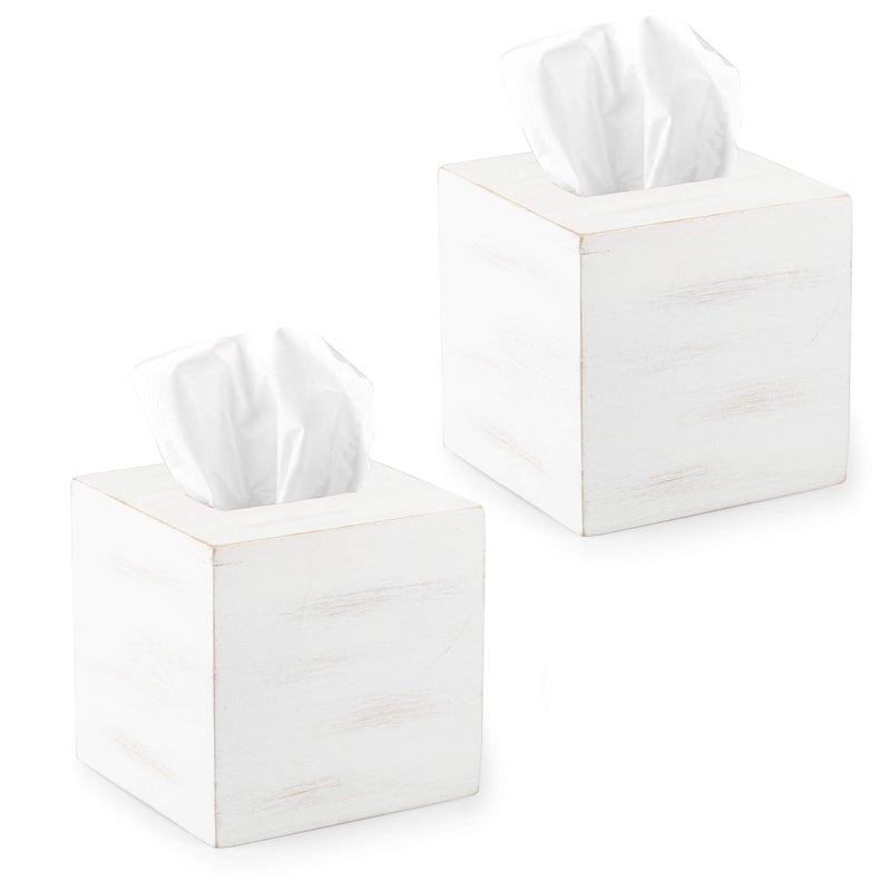 Ilyapa Wood Tissue Box Cover Square, 2 Pack - Rustic Farmhouse White Wooden Tissue Holder - Image 1